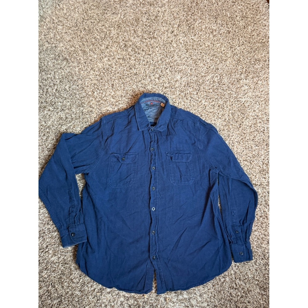 Woolrich Mens XL Navy Blue Flannel Long Sleeve Button Down Shirt Herringbone Top